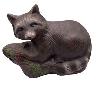 Vintage Ceramic Raccoon On A Log Woodsy Home Decor Collectible